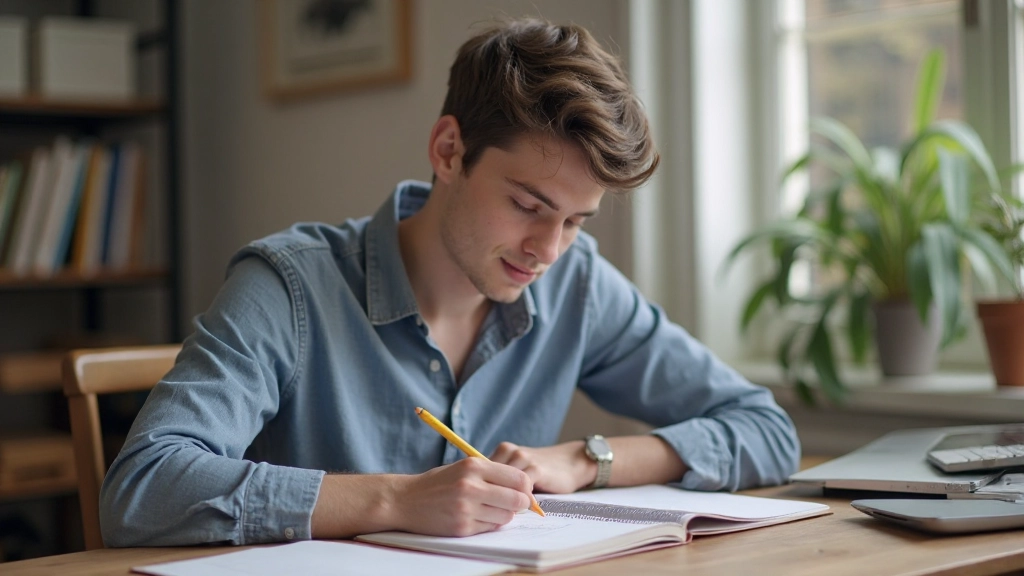 Student bestudeert Nederlandse grammatica aan bureau met notitieboek